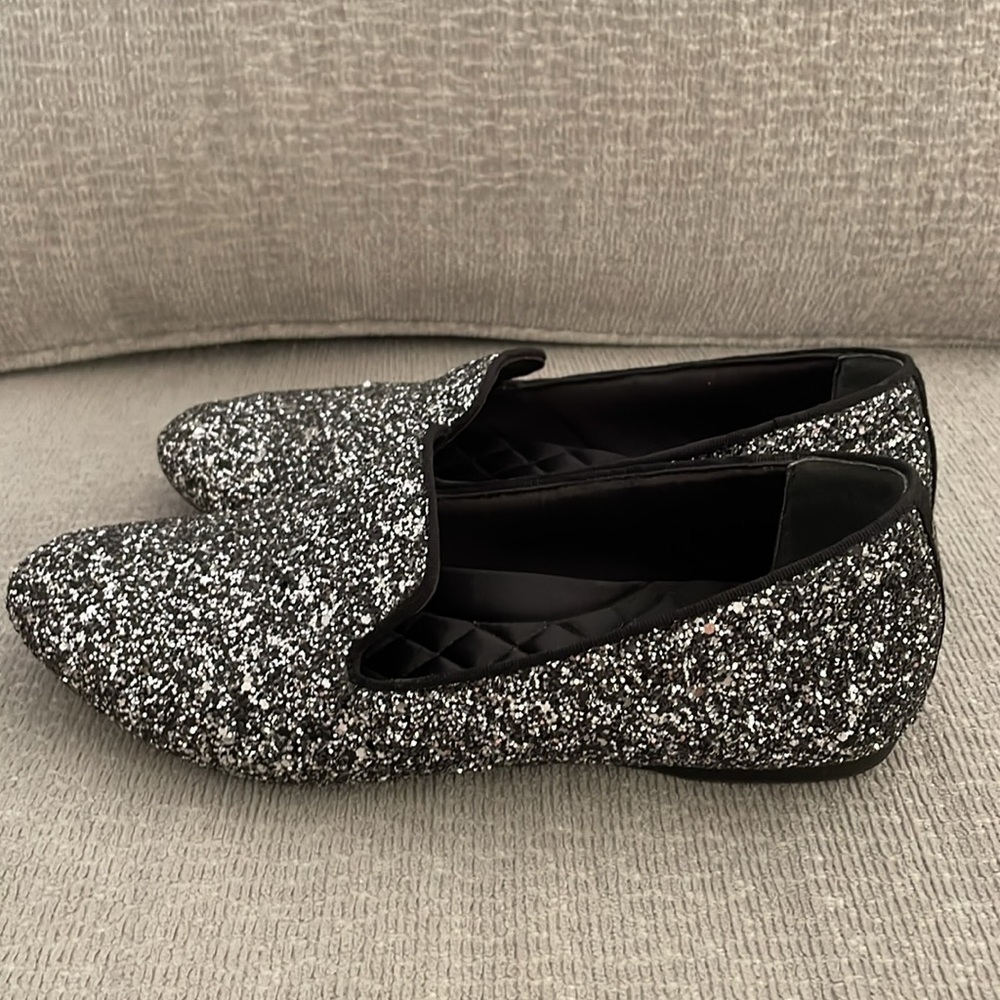 Birdies The Starlings silver sparkly shoes flats loafers size 7 Christmas comfy